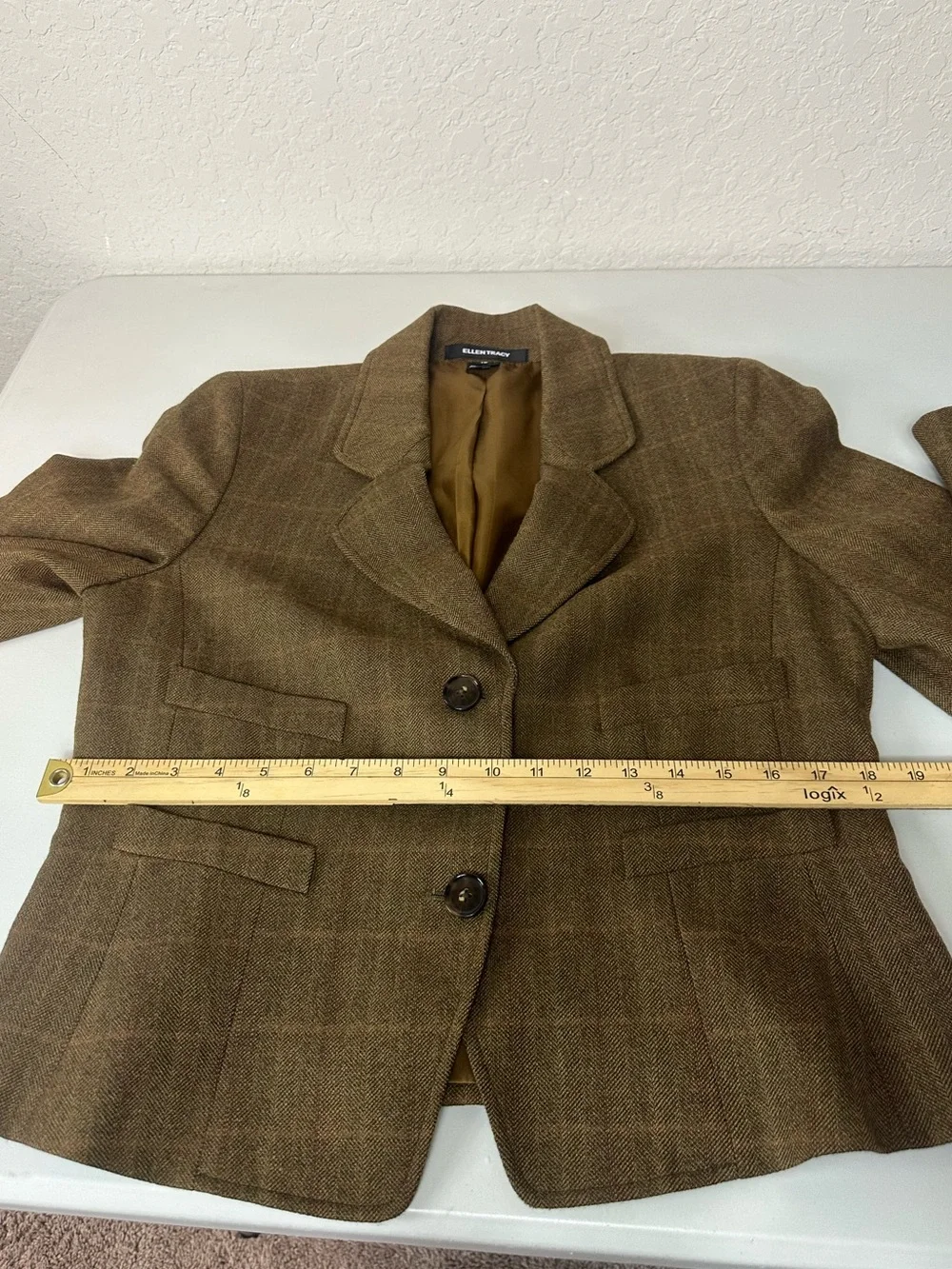 Ellen Tracy Classic 100% Wool Structured Silhouette Brown Plaid Blazer Size 10